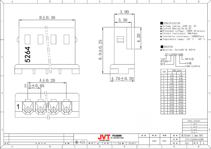 JVT 2.5mm Pitch 4 Pin PCB Connectors Wire To Board White Color Tin - Plated Material