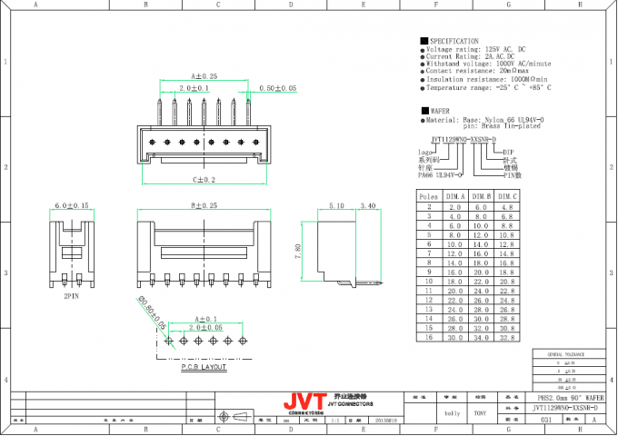 JVT PHS 2.0mm Single Row Wire to Board Crimp style Connectors with Secure Locking Devices